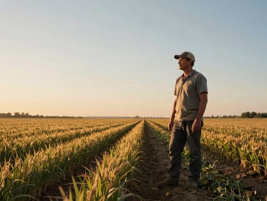 Wide shot of a farmer standing at the edge of a field at golden hour, long crop rows behind them, warm side light, relaxed working posture