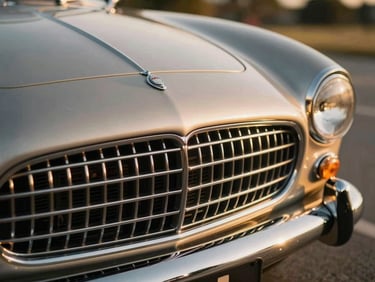 Tight macro detail of a vintage sports car chrome grille, warm golden light reflecting off polished metal, elegant composition.