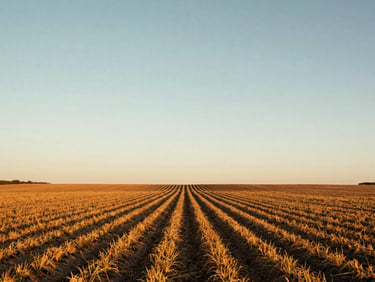 Sun-drenched agricultural fields at golden hour, low-angle natural sunlight illuminating rows of crops, expansive sky.