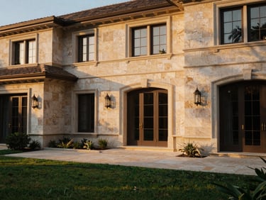 Architectural detail of a premium stone estate at sunset, soft warm shadows casting across a manicured courtyard.