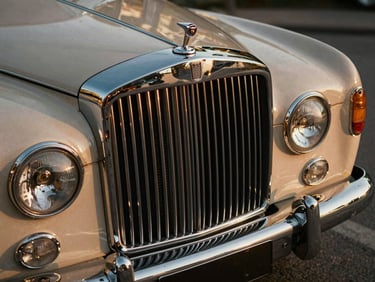 Close-up of a vintage luxury vehicle grille and elegant chrome details, soft warm shadows, elegant composition.