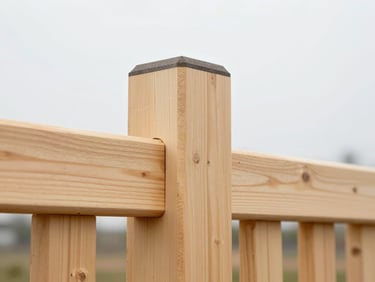 Close-up of a heavy timber fence post, showing clean joinery and raw wood grain texture, under crisp daylight.