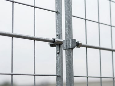 Close-up of a powder-coated steel fence section, showing heavy metal latches and sharp grid lines, under crisp daylight.