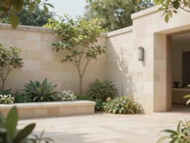 Soft diffused natural daylight on a peaceful garden courtyard with cream stone walls and green foliage, warm editorial photography