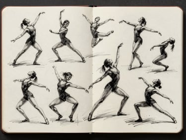 A wide panoramic digital sketchbook page filled with rapid gesture drawings of dancers, capturing fluid motion and weight with charcoal-like digital strokes.