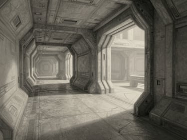 Wide 16:9 digital animatic sketch of a sci-fi corridor, high-contrast rough pencil lines, dynamic perspective, dramatic keyframe shadows, neutral gray tones.