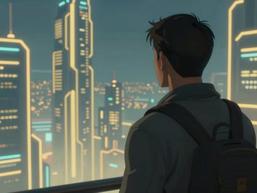 A dramatic keyframe from Project Nova, featuring a sci-fi character looking out over a neon-rimmed cityscape, clean linework with yellow highlights.