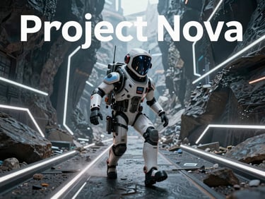 A dynamic keyframe from Project Nova, featuring a futuristic scout navigating a neon-lit canyon, crisp digital lines, high contrast.