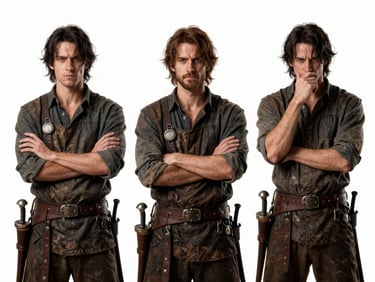 An expressive character lineup from Project Echo, showing a fantasy blacksmith in three distinct emotive poses, clean line-art on white background.