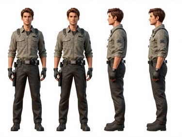 Character turnaround sheet, front, three-quarter, and profile views of a technical sci-fi engineer, clean digital lines, flat neutral colors, isolated on absolute white background.