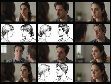 A sequential storyboard panel from Project Echo, showing an intimate character conversation with subtle facial expressions, black ink lines.