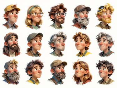 A character sheet displaying multiple expressive head sketches of a whimsical adventurer, clean digital ink with yellow highlights.