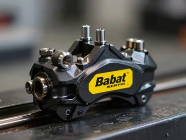 Close-up of a CNC machined aluminum triple clamp, anodized black with hazard yellow engraving, industrial background.
