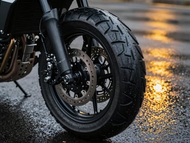 Close-up of heavy-duty dual-sport motorcycle tire tread on wet asphalt, yellow streetlamp reflections.