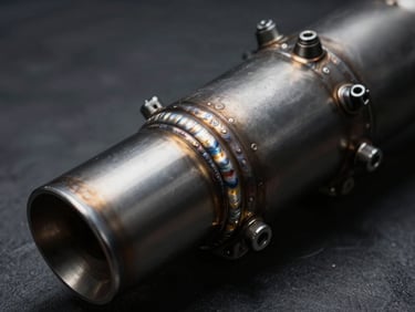 Close-up of a black anodized custom exhaust pipe, raw welds visible, high contrast lighting, heavy shadows.