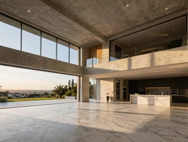 Sun-drenched luxury villa interior with massive double-height concrete ceilings, polished white marble floors, sharp geometric shadows from high midday sun.