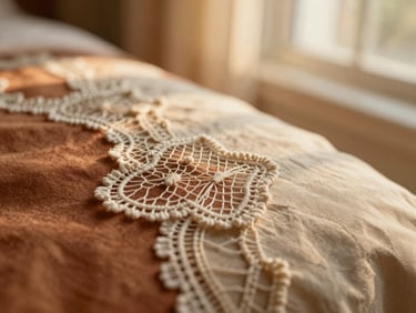 Macro shot of delicate needle lace stitched onto soft cream fabric, warm diffused golden light