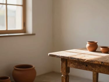 Quiet corner of a minimalist atelier with terracotta clay accents, a vintage wooden table, sunbeams