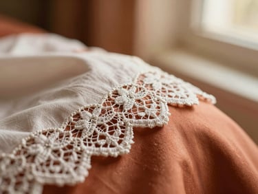 Extreme close-up of delicate needle lace being sewn onto fine silk fabric, warm tones, soft focus