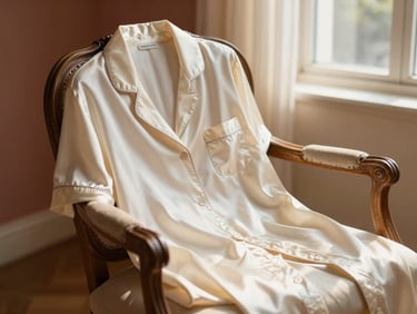 Soft-focus shot of elegant cream silk pajamas draped on an antique wooden chair, morning sunbeams