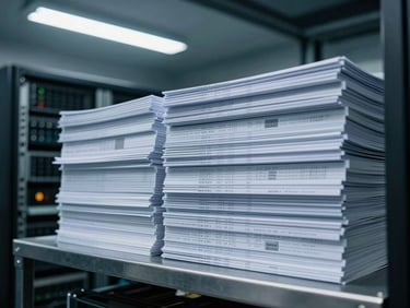 Structured operational binders and technical documentation stacked neatly on a metallic surface in a data center, cool fluorescent light, 35mm lens