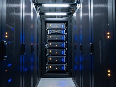Wide-angle view of a pristine server aisle with blue and amber indicator lights, symmetrical, cool-toned industrial lighting, 35mm lens