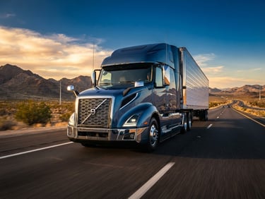 Low-angle heroic shot of a clean modern semi-truck on an open highway during golden hour, crisp sunlight reflecting off the chrome grill, 35mm cinematic transportation photography.