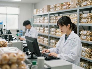 Industrial engineering student analyzing physical production lines and inventory racks in a bright, clean local food packaging facility, realistic tones