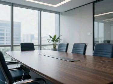 Wide architectural view of a modern sunlit corporate boardroom, bright natural daylight, sophisticated navy and cool gray tones, shallow depth of field, 35mm