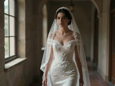 Cinematic 16:9 grain-textured still of a bride walking down a dim stone corridor, soft window light highlighting the veil, dark-room atmosphere.