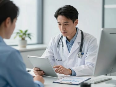 An executive practice administrator analyzing financial metrics on a tablet screen in a brightly lit, professional healthcare office.