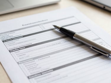 A close-up of a structured practice assessment report on a clean desk, a sleek pen resting on the document, bright natural light.