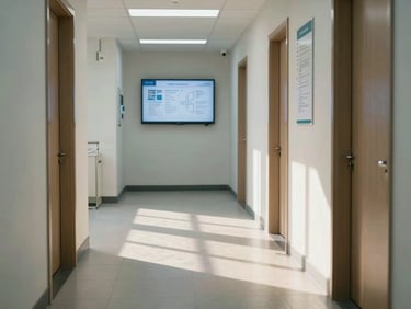 A clean, modern medical office corridor with natural daylight casting soft shadows on slate floor tiles, technical charts on a distant screen