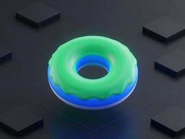 Sleek 3D render of a glowing neon-emerald and electric-blue donut chart floating over a dark slate isometric grid, abstract financial geometry, crisp studio lighting, dark mode aesthetic.