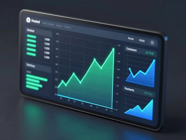 Sleek 3D render of a dark mode financial dashboard, neon emerald and electric blue charts, abstract financial geometry, crisp studio lighting