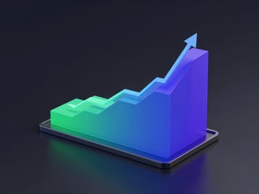 Sleek 3D render of a stacked area chart, glowing indigo and emerald layers representing principal accumulation versus compound growth, dark mode background