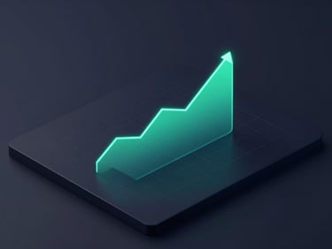 Sleek 3D render of a dark mode financial dashboard, glowing emerald area chart showing exponential compound growth, clean grid lines, isometric perspective