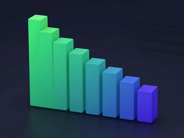 Sleek 3D render of a descending bar chart in emerald green fading to deep indigo, dark mode dashboard background, clean geometric data visualization