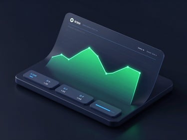 Sleek 3D render of a financial dashboard interface, glowing emerald green line graph, dark mode background, isometric perspective