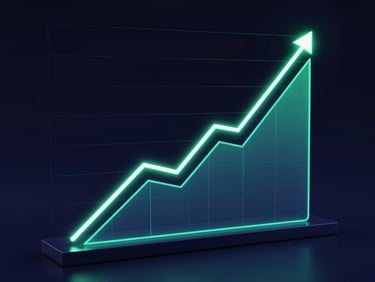 Sleek 3D render of a glowing compound interest growth chart showing exponential trajectory, deep indigo and emerald green neon lines on dark background