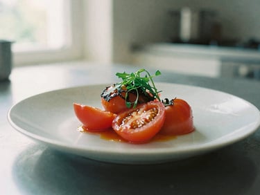 Close-up of a chef plating a vibrant heirloom tomato dish in a sunlit Scandinavian-style kitchen, shallow depth of field, 35mm film