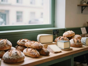 A beautifully arranged modern food market stall with artisanal breads and cheeses, soft diffused daylight, Scandinavian minimalism