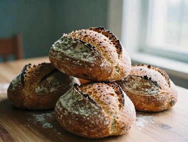 Close-up editorial 35mm film shot of fresh artisanal sourdough loaves stacked on a wooden table, flour dusting the crusts, warm morning window light, shallow depth of field.