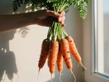 Hands holding a freshly harvested bunch of organic carrots with rich soil clinging to the roots, golden hour morning light, warm editorial photography