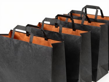 A row of premium black paper shopping bags with clean textured handles, bright clean-room lighting, high-contrast orange accent