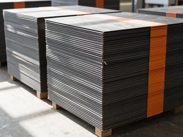 Geometric stacks of heavy-duty finished corrugated cartons on a clean factory floor, bright industrial lighting, high-contrast shadows