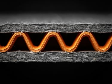 Extreme macro industrial photograph of a clean, sharp corrugated cardboard edge, showing the precise wave of the inner flute, bright high-contrast technical lighting, dark gray and orange tones.