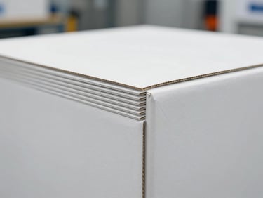 Close-up of crisp structural folds on a clean white retail carton, sharp technical depth of field, minimalist industrial setting