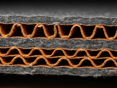 Extreme macro close-up of heavy-duty corrugated cardboard layers, clean industrial lighting, sharp focus on the structural paper flutes, orange and dark gray tones