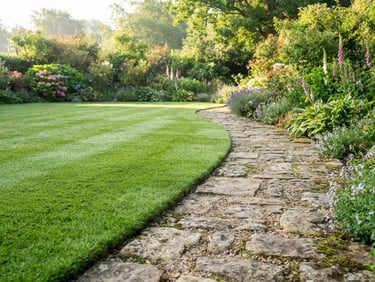 Eye-level wide shot of a perfectly manicured green lawn with sharp, clean edge lines bordering a stone pathway in morning light.